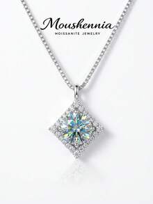 MOUSHEENIA Dây chuyền mặt dây chuyền kim cương Moissanite xanh lục cầu vồng rực rỡ bằng bạc Sterling 925, trang sức kỷ niệm hình học kiểu vòng hào quang dành cho phụ nữ, vòng cổ cưới tinh tế. - Bạc - Xem 1