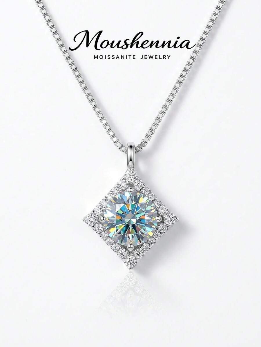 MOUSHEENIA Dây chuyền mặt dây chuyền kim cương Moissanite xanh lục cầu vồng rực rỡ bằng bạc Sterling 925, trang sức kỷ niệm hình học kiểu vòng hào quang dành cho phụ nữ, vòng cổ cưới tinh tế. - Bạc - Xem 1