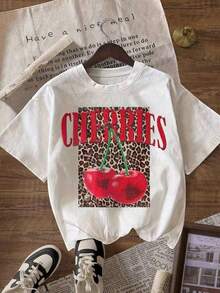 Casual Wear Women's Casual Short Sleeve Crew Neck T-Shirt With Leopard And Cherry Print, White, For Summer - Vintage Street Style Unisex Loose Cotton Short Sleeve Crew Neck T-Shirt Blouses Pretty 100% Cotton - 白色的 - 查看 1