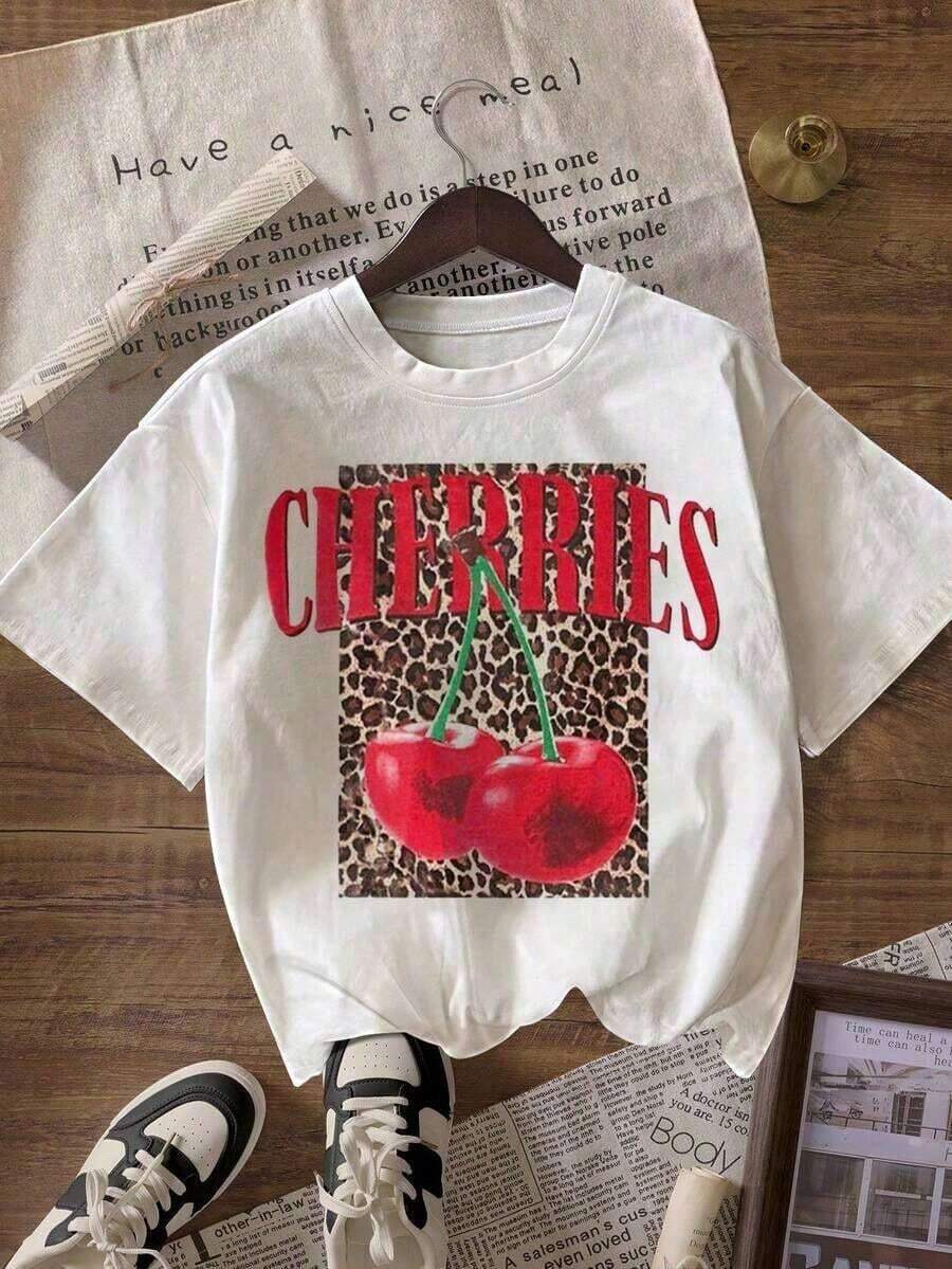 Casual Wear Women's Casual Short Sleeve Crew Neck T-Shirt With Leopard And Cherry Print, White, For Summer - Vintage Street Style Unisex Loose Cotton Short Sleeve Crew Neck T-Shirt Blouses Pretty 100% Cotton - 白色的 - 查看 1
