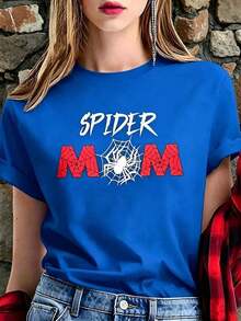 White T-Shirt With Funny Phrase "SPIDER MOM" And Red Spider, Dark Aesthetic Spiderweb T-Shirt, Casual Blouse Mother's Day Gift, Halloween Tops And Insect Print Blouses Cute 100% Cotton - 藍色的 - 查看 1