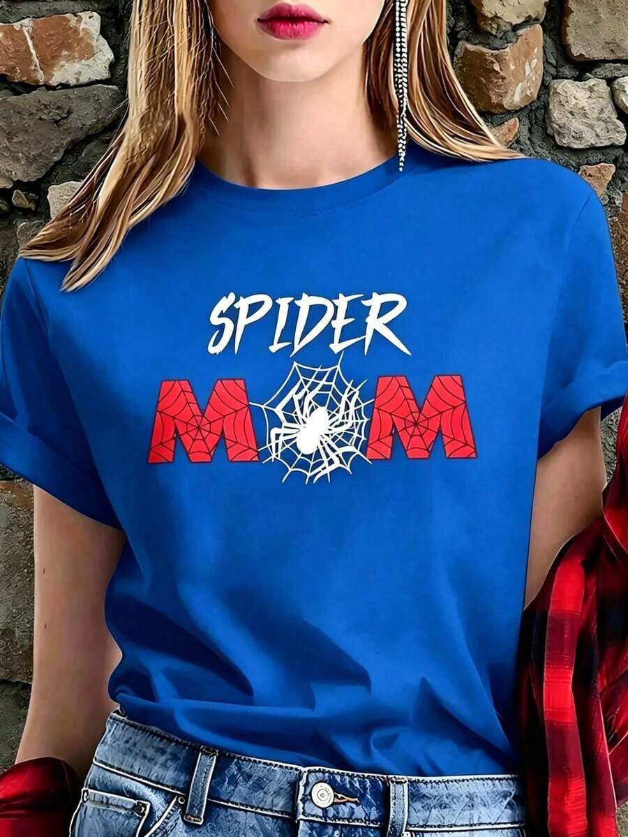 White T-Shirt With Funny Phrase "SPIDER MOM" And Red Spider, Dark Aesthetic Spiderweb T-Shirt, Casual Blouse Mother's Day Gift, Halloween Tops And Insect Print Blouses Cute 100% Cotton - 藍色的 - 查看 1
