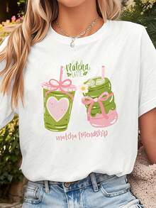 Women's Matcha Latte Print Short Sleeve Crew Neck T-Shirt - Light White Spring/Summer Casual Outfit For Christmas Party - Fan Outfit - Festive Fantasy Design And Iconic Quote - 白色 - 查看 4