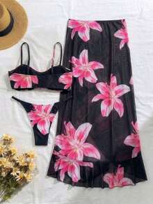 Conjunto de bikini y vestido de playa elegante y sexy con estampado floral y espalda descubierta con flores 3D, para primavera/verano y vacaciones - Flor de rosa negra - Ver 3