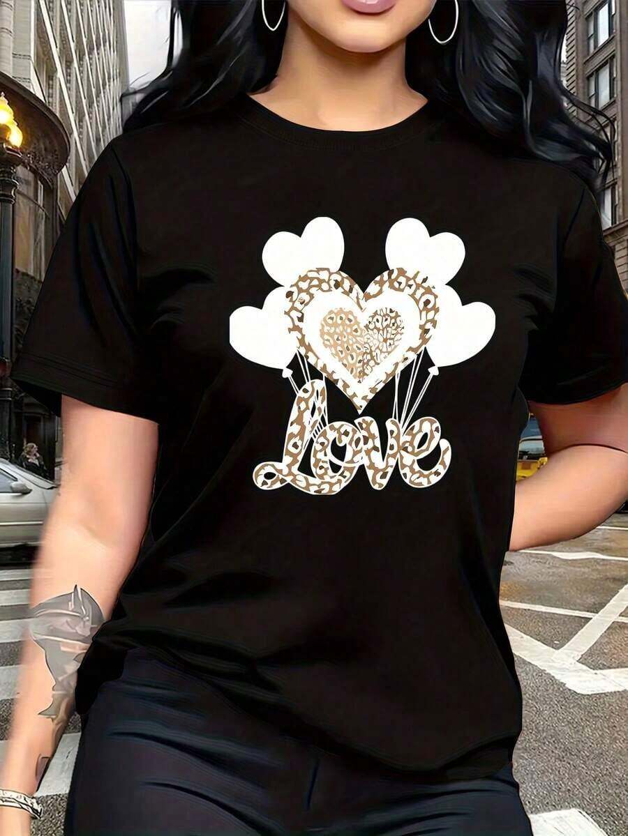 Breathable, Soft, And Versatile, This Women's Short-Sleeved, Round-Neck T-Shirt Features A Heart-Shaped Balloon Print In Black And A Leopard Print. Modern And Casual, It's Easy And Versatile For Leisure, Travel, And Vacations. 13419 Casual Fashion, Round Neck T-Shirt, Women's Warm Clothing - 黑色 - 查看 1