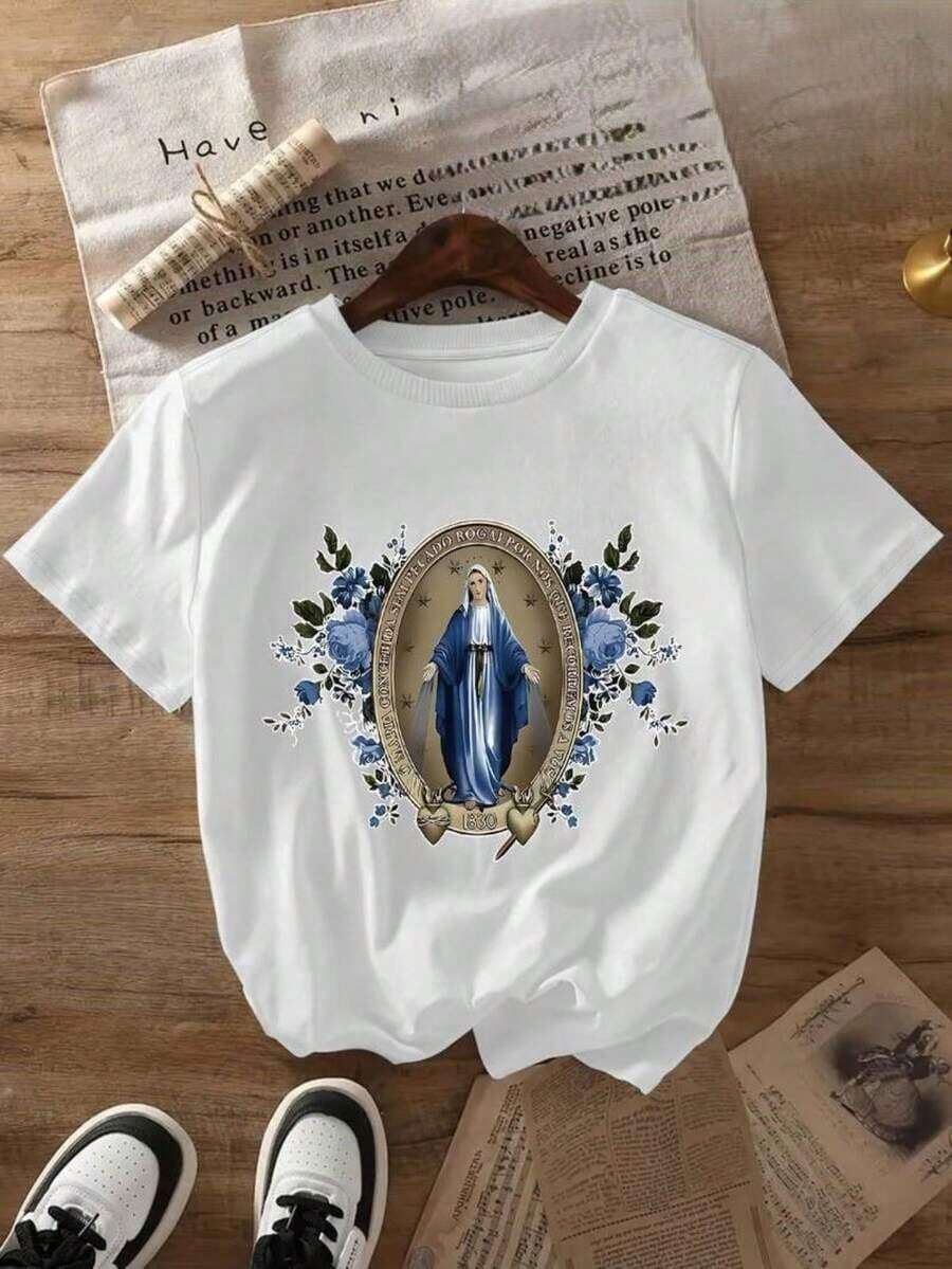 Women's Religious Casual Graphic Print T-Shirt With Virgin Mary And Floral Design Inspired By The Soft Fabric, Loose Fit, Crew Neck, Short Sleeves, Spring/Summer, Everyday Wear. Pure Cotton Short-Sleeve Shirt - 白色的 - 查看 1