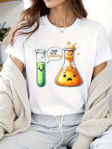 Creo que estás exagerando. Camiseta estampada de laboratorio científico con reacciones exageradas, con probetas y tubos de ensayo, camiseta casual de manga corta para mujer para primavera y verano, perfecta para salidas diarias y celebraciones festivas - Negro - Ver 6