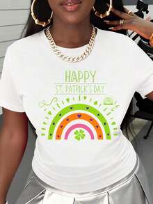 Camiseta Casual para Mujer Blanca con Estampado de Trébol Arcoíris para Celebrar el Día de San Patricio - Blanco - Ver 2