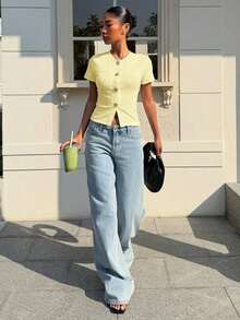 Camiseta ajustada de punto casual de cuello redondo y manga corta para mujer en color albaricoque - amarillo ganso - Ver 7