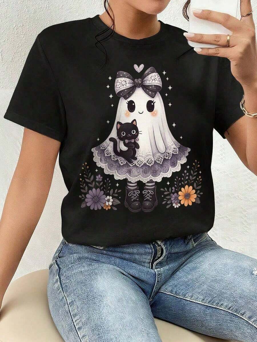And Women's T-Shirt, Halloween Graphic T-Shirt, Ghost Print, Black Cat - Funny Gift Men's T-Shirt Tops Sweatshirts For Women Y2k T-Shirt Shirt - 黑色 - 查看 1