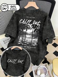 Áo thun ngắn tay nữ cỡ lớn, chất liệu 64% cotton, kiểu dáng vintage, thích hợp mặc hàng ngày, in hình cây dừa biển, phong cách đường phố Mỹ, thể thao năng động, phù hợp cho hoạt động ngoài trời, áo hè nữ, trang phục mùa hè, họa tiết in màu đen, thích hợp cho kỳ nghỉ. - màu đen - Xem 1