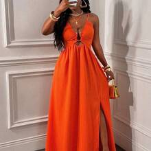 Women's Sexy Spaghetti Strap Backless Criss-Cross Front Hollow U-Shaped Buckle Ruched Hem High Slit Dress Women Vacation Dress Orange Maxi Dress - Rojo - Ver 4