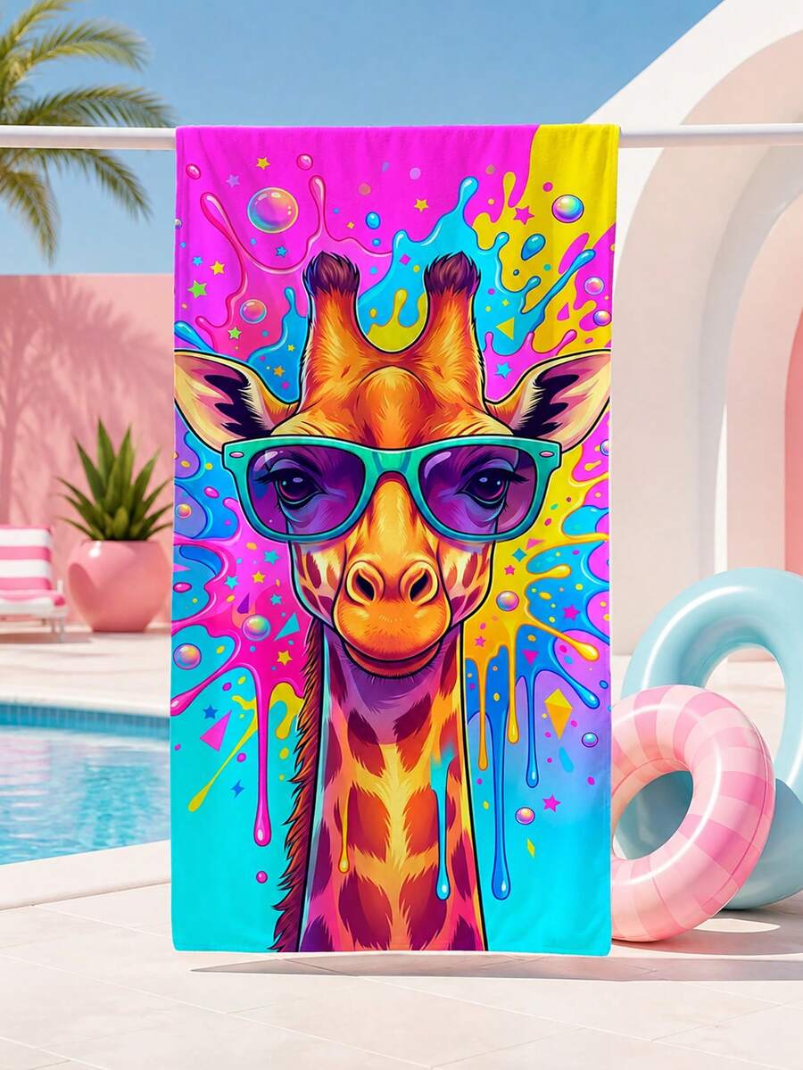 1pc Tie-Dye Giraffe Print Children Beach Towel, Super Soft Microfiber Extra Large Beach Blanket, Highly Absorbent Bath Towel, Suitable For Travel, Swimming Pool, Diving, Surfing, Yoga, Camping, Available In Multiple Sizes, Beach Accessory - Multicolor - View 1