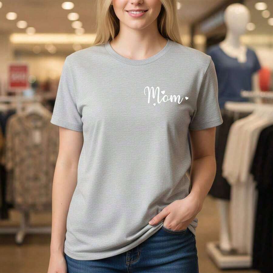 Women's Cotton T-Shirt With "Mom" Letter Print, Short Sleeve, Round Neck, Casual Style, Loose Fit, Basic T-Shirt For Everyday Wear, Available In Sizes S To 5XL, Black And White Graphic T-Shirt, Soft And Comfortable Cotton Blouse, Ideal Gift For Mothers, Simple And Modern Design - 淺灰色 - 查看 1
