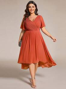 EVERPRETTY Elegant Plus Size Bridesmaid Mid-Length Dress, Deep V-Neck, Ruffle Sleeves, Chiffon Pleated Asymmetric Ruffle Design - Burnt Orange - View 1