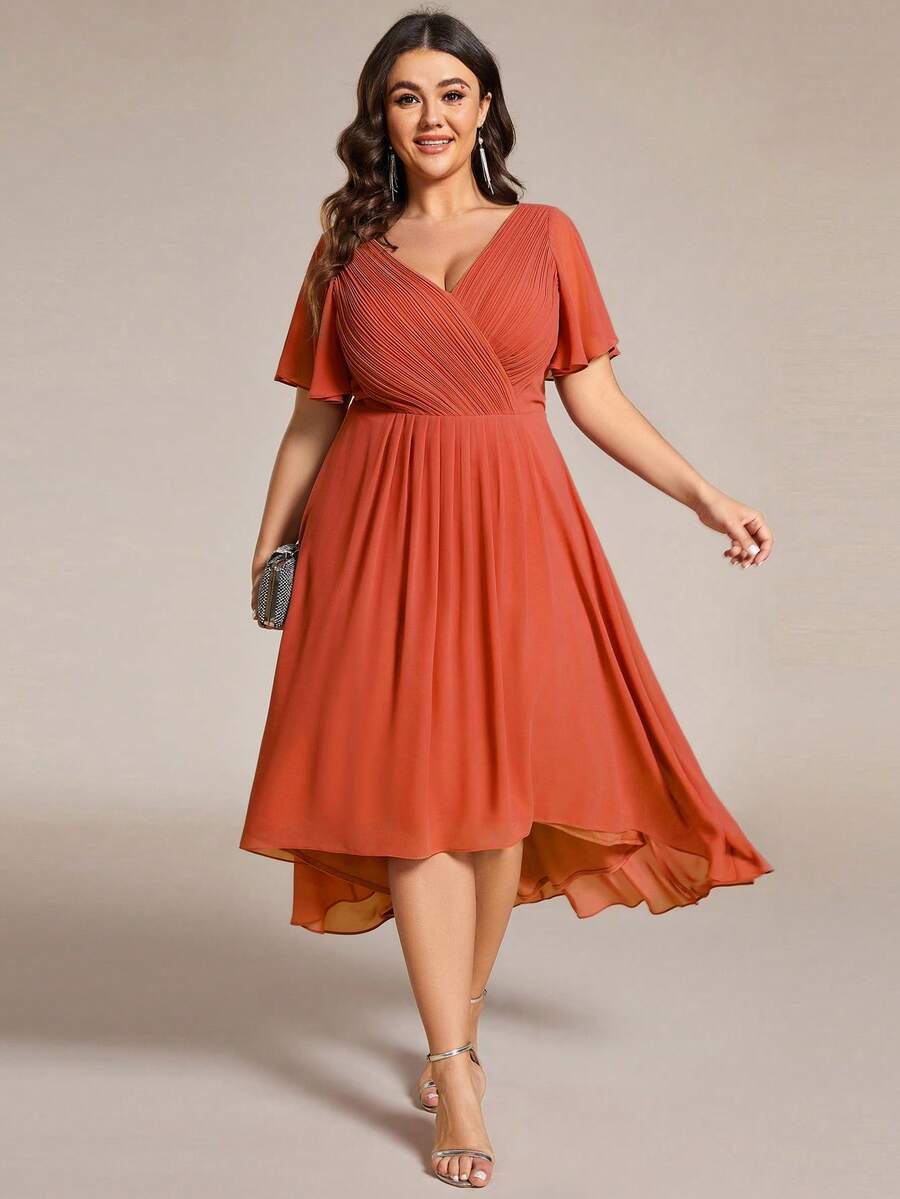 EVERPRETTY Elegant Plus Size Bridesmaid Mid-Length Dress, Deep V-Neck, Ruffle Sleeves, Chiffon Pleated Asymmetric Ruffle Design - Burnt Orange - View 1