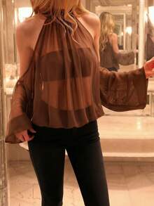 Lightweight Sheer Mesh Long Sleeve Loose Bat Wing Top, Suitable For Summer Parties - Brown - View 4