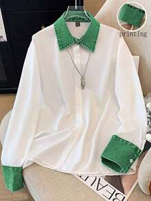 Camisa de efecto de mezclilla de parchwork casual para mujer, otoño/invierno - Verde 2 - Ver 6