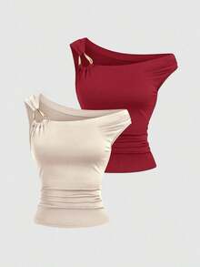 Set de 2 camisetas ajustadas con cuello asimétrico, versátil top casual, primavera/verano - Multicolor 5 - Ver 1