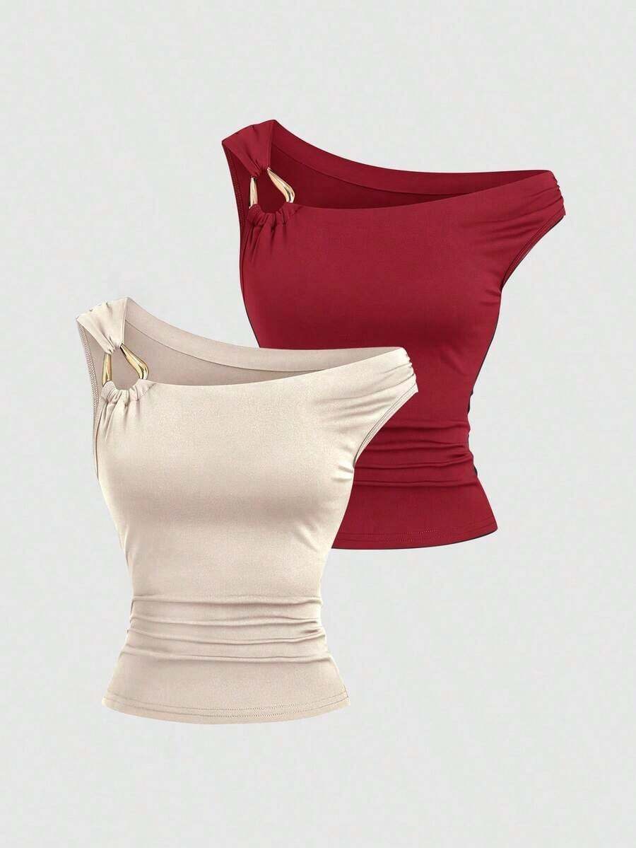 Set de 2 camisetas ajustadas con cuello asimétrico, versátil top casual, primavera/verano - Multicolor 5 - Ver 1