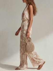 Bohemian Tropical Rainforest estampado elegante temperamento sensual pantalones de cuello en V - Rosado Sandía - Ver 2