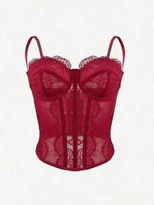 1 pieza Parte superior corta ajustada con adorno de encaje de moda para mujer, top corset de Body ceñido sexy, adecuado para fiesta, viaje, reunión, Navidad, San Valentín, Halloween, verano casual - Burdeos - Ver 7