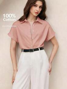 Nueva llegada Camisa casual de manga corta con botones delanteros de unicolor, adecuada para uso diario, primavera/verano - Rosa vieja - Ver 2