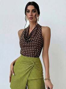 Blusa elegante minimalista con cuello drapeado y lazo delantero para mujeres, color albaricoque - Multicolor - Ver 3