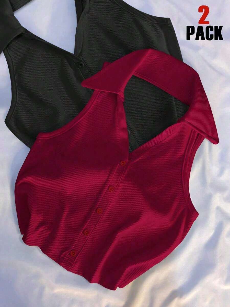 Blusa sin mangas con cuello polo y escote en V para mujer, de estilo casual y chic para la calle, en color marrón - Multicolor 4 - Ver 1