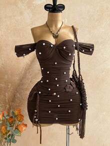Vestido ajustado sin tirantes con hombros descubiertos y malla de punto para vacaciones - Marrón - Ver 1