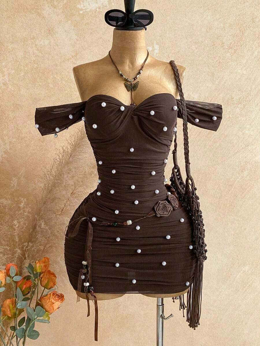 Vestido ajustado sin tirantes con hombros descubiertos y malla de punto para vacaciones - Marrón - Ver 1