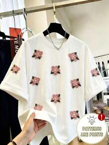 Camiseta de mujer de moda casual con cuello redondo y hombros caídos, camiseta con bordado de cereza, camiseta con bordado de toalla de cereza, camiseta casual y cómoda para exteriores, camiseta para todas las estaciones, camiseta con estampado de frutas - Rosa Pálido 2 - Ver 1