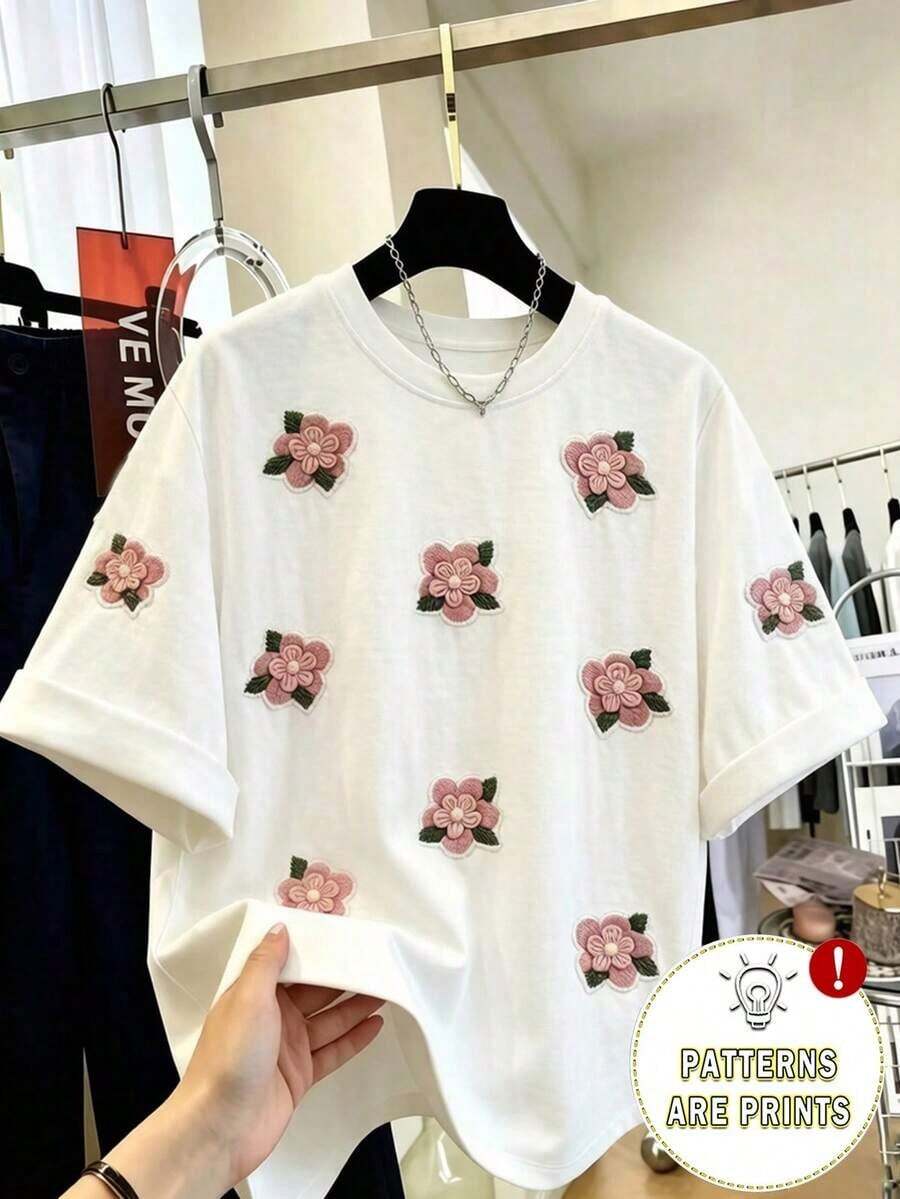 Camiseta de mujer de moda casual con cuello redondo y hombros caídos, camiseta con bordado de cereza, camiseta con bordado de toalla de cereza, camiseta casual y cómoda para exteriores, camiseta para todas las estaciones, camiseta con estampado de frutas - Rosa Pálido 2 - Ver 1