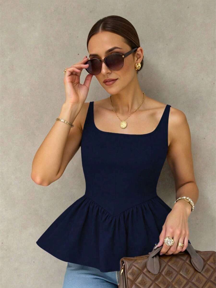 Camiseta de tirantes plisada marrón para mujer (elástico de 4 vías) - azul real - Ver 1