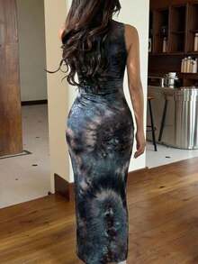 Vestido largo ajustado de mujer de verano con estampado de teñido anudado - Blanco y Negro - Ver 2