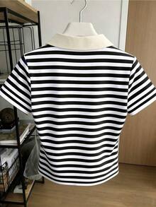 Camisa polo casual de manga corta con rayas y estampado de cerezas - Multicolor 2 - Ver 2