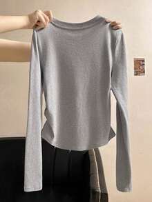 Camiseta casual de manga larga, cuello redondo, con estampado de lazo, color negro para mujer - Gris - Ver 2
