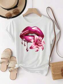 Labios Rosados con Estampado de Lirios |     Diseño Romántico y Elegante, Camiseta Deportiva Casual de Manga Corta con Cuello Redondo para Mujer, Top Cómodo - Negro - Ver 10