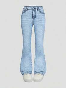 Explorewe Jeans de mezclilla estilo Y2K versátiles lavados y desgastados con pierna acampanada y elásticos para niñas adolescentes - Azul lavado medio 3 - Ver 9