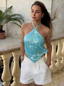 Top halter con espalda descubierta y lentejuelas sexy para mujer, atuendos de verano, ropa de verano, atuendos de playa para mujer, atuendos de vacaciones, atuendos bohemios tropicales de vacaciones para mujer, atuendos de concierto, atuendos de ra - Plateado - Ver 3