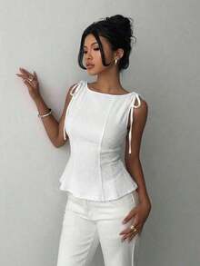1 pieza Blusa informal de punto de unicolor con volante, rosa de verano - Blanco 2 - Ver 4