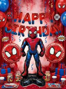 Marvel 蜘蛛侠生日气球,超级英雄派对装饰套装,大型红蓝格纹铝箔气球,适合儿童生日派对、拍照背景、新年庆祝装饰、礼品花束装饰 - 生日套裝 - 查看 2