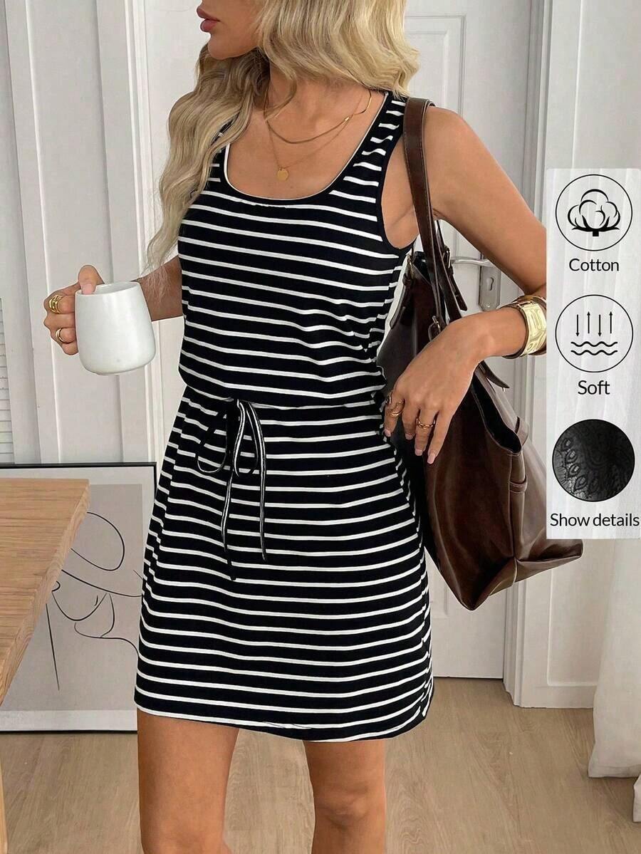 LUNE Vestido mini casual sin mangas con cintura anudada a rayas para mujer, nuevo vestido de llegada para mujer, vestidos casuales de verano para mujer, nuevo vestido de llegada para mujer casual, vestidos casuales de verano para mujer, atuendo para mujer, atuendos de playa, atuendos para salir, atuendos de vacaciones, atuendos de verano para mujer, atuendo para concierto de campo - Negro - Ver 1