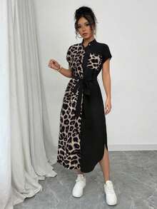 Vestido largo de manga corta para verano 2025, nuevo, con bolsillo, abertura lateral, cinturón y lazo, estampado de leopardo, para uso casual y de viaje - Multicolor - Ver 4