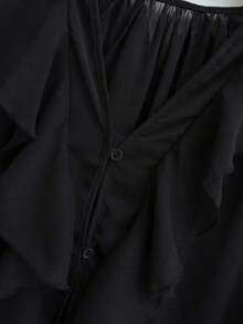 Blusa elegante de mujer con cuello en V, abotonada, de manga larga, con decoración laminada, color liso, Primavera 2025 - Negro - Ver 5