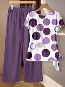 Conjunto de 2 piezas de blusa con lazo y pantalones rectos para mujer, informal - Multicolor - Ver 2