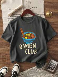 1 Girls' Short Sleeve Crew Neck T-Shirt With Ramen Print, Summer Clothes For Young Students And Teens - The Ramen Print T-Shirt Brings Joy And Happiness To Every Child! RAMEN CLUB - 黑色 - 查看 2