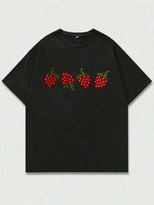 Camiseta Vintage 2026 de Nueva Colección Unisex con Estampado de Fresas, Camiseta Oversize de Manga Corta con Cuello Redondo y Efecto Lavado Vintage, Top Casual con Estampado de Fresas Rojas para Verano, Estética Frutal y Atuendos Y2K, Camiseta de Cuello Redondo - Negro - Ver 6