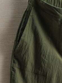 Pantalones de lino minimalistas casuales de unicolor para mujer, talla pequeña - Verde militar - Ver 7