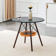 A Round Dining Table With A Diameter Of 80 Cm, A Tabletop Made Of Black MDF And Table Legs Made Of Walnut-Colored Solid Wood, Complemented By A Floating, Woven Storage Compartment. - Walnut+Black - View 5